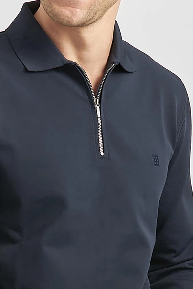 Koyu Lacivert Uzun Kollu Örme Polo Yaka Slim Fit Dar Kesim Triko 1012245150 - 5