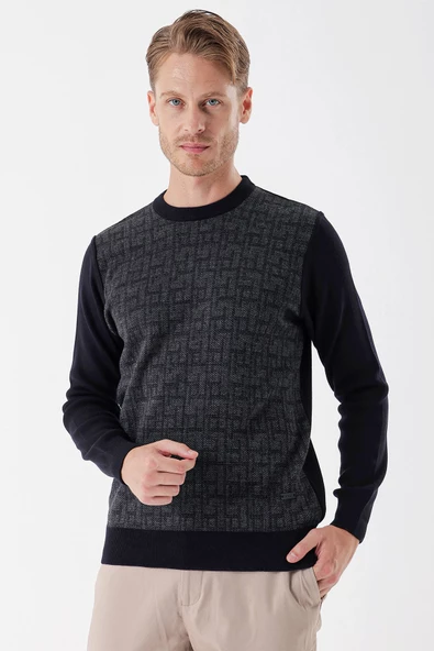 Koyu Lacivert Uzun Kollu Desenli Bisiklet Yaka Klasik Comfort Fit Rahat Kesim Triko 1012235163