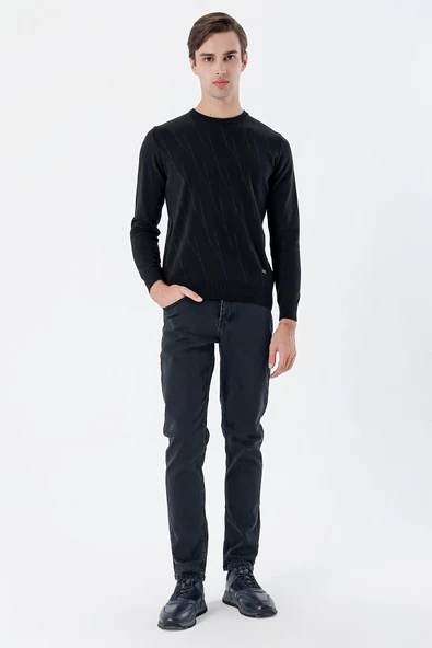 Siyah Uzun Kollu Desenli Örme Bisiklet Yaka Pamuklu Klasik Comfort Fit Triko 1012235150 - Resim 4