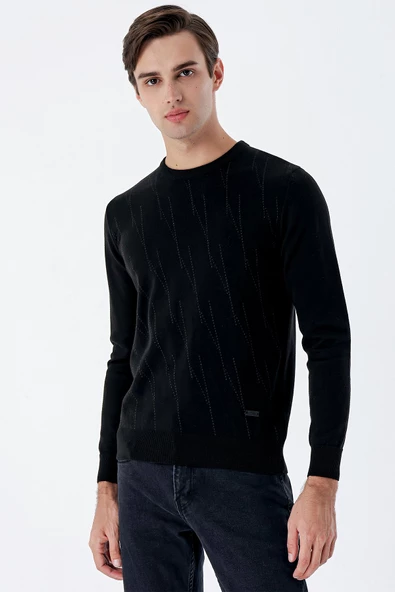 Siyah Uzun Kollu Desenli Örme Bisiklet Yaka Pamuklu Klasik Comfort Fit Triko 1012235150 - Resim 2