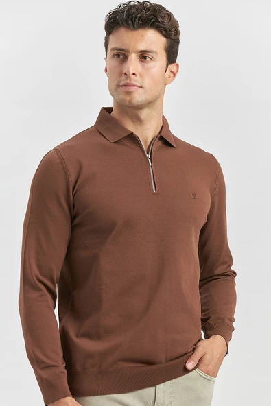 Taba Uzun Kollu Örme Polo Yaka Slim Fit Dar Kesim Triko 1012245150 - Resim 3