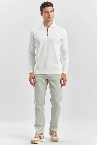 Açık Krem Uzun Kollu Örme Polo Yaka Slim Fit Dar Kesim Triko 1012245150 - Resim 4