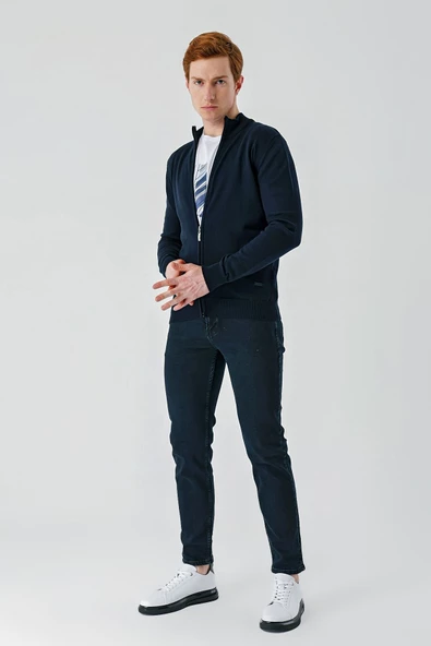 Koyu Lacivert Dik Yaka Pamuklu Klasik Comfort Fit Rahat Kesim Triko 1012235005 - Resim 4