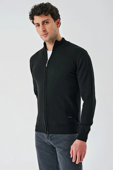 Siyah Dik Yaka Pamuklu Klasik Comfort Fit Rahat Kesim Triko 1012235005 - 3