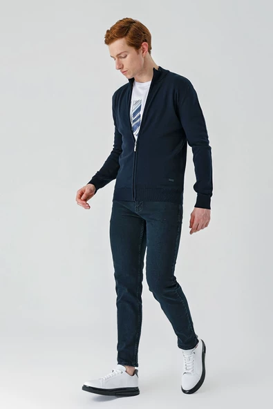 Koyu Lacivert Dik Yaka Pamuklu Klasik Comfort Fit Rahat Kesim Triko 1012235005 - Resim 5