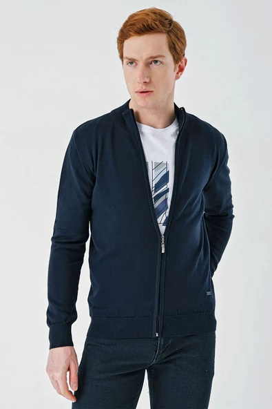 Koyu Lacivert Dik Yaka Pamuklu Klasik Comfort Fit Rahat Kesim Triko 1012235005 - Resim 2