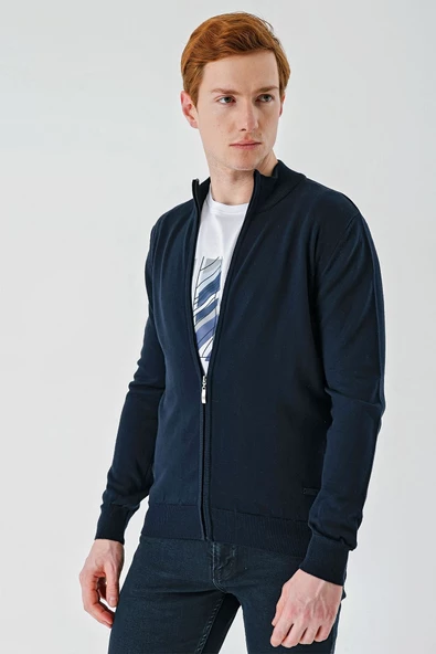 Koyu Lacivert Dik Yaka Pamuklu Klasik Comfort Fit Rahat Kesim Triko 1012235005 - Resim 3