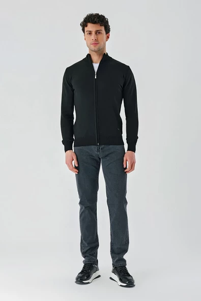 Siyah Dik Yaka Pamuklu Klasik Comfort Fit Rahat Kesim Triko 1012235005 - 7