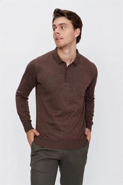 Kahverengi Uzun Kol Örme Polo Yaka Comfort Fit Rahat Kesim Klasik Triko 1012225007