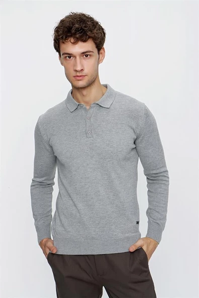Gri Uzun Kol Örme Polo Yaka Comfort Fit Rahat Kesim Klasik Triko 1012225007