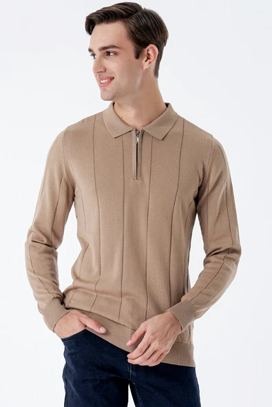 Koyu Camel Uzun Kollu Desenli Örme Polo Yaka Pamuklu Klasik Comfort Fit Triko 1012235165