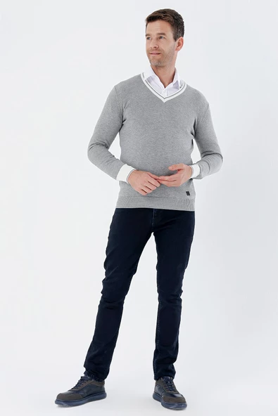 Gri Uzun Kollu Desenli Örme V Yaka Pamuklu Klasik Comfort Fit Triko 1012235168 - 5