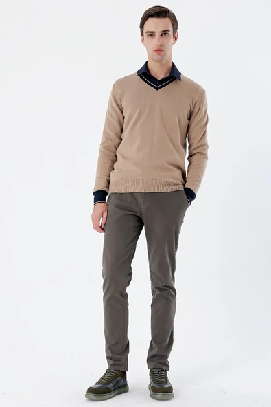 Koyu Camel Uzun Kollu Desenli Örme V Yaka Pamuklu Klasik Comfort Fit Triko 1012235168 - 4
