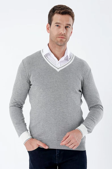 Gri Uzun Kollu Desenli Örme V Yaka Pamuklu Klasik Comfort Fit Triko 1012235168 - 3