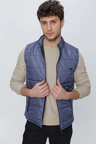 İndigo Mavi Dik Yaka Kapitone Casual Şişme Yelek 1009225153 - 4