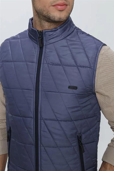İndigo Mavi Dik Yaka Kapitone Casual Şişme Yelek 1009225153 - 7