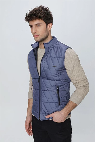 İndigo Mavi Dik Yaka Kapitone Casual Şişme Yelek 1009225153 - 6