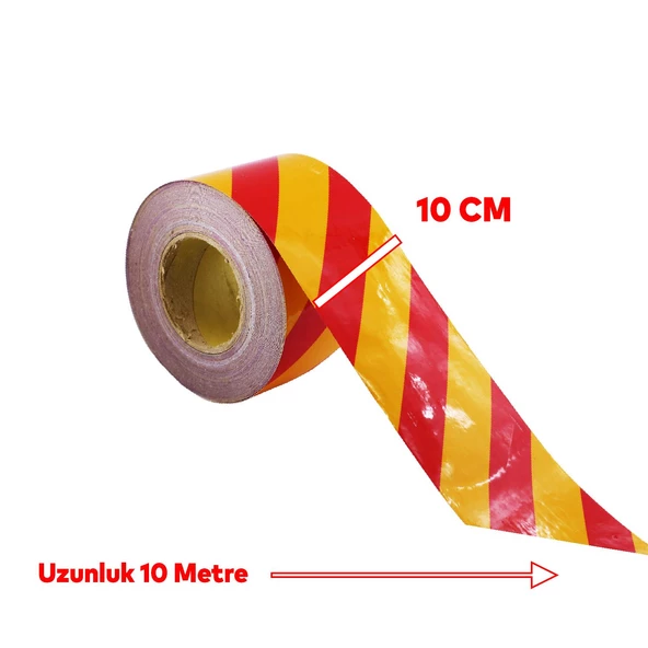 Reflektörlü Yapışkanlı Parlayan Fosfor Sarı Kırmızı 10 Mt Reflektif Düz Şerit Bant 10 cm İkaz Bandı - Resim 2