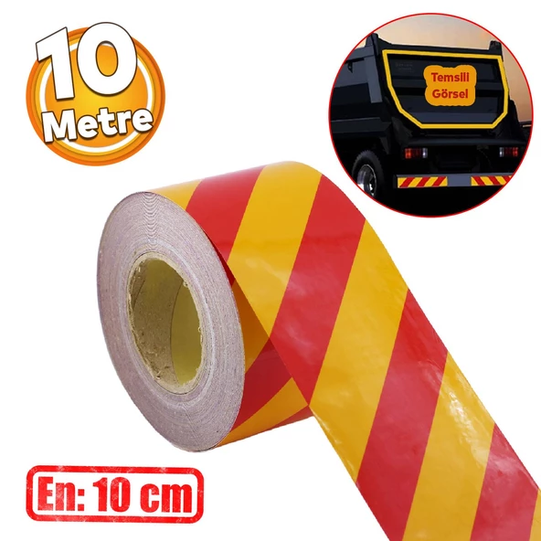 Reflektörlü Yapışkanlı Parlayan Fosfor Sarı Kırmızı 10 Mt Reflektif Düz Şerit Bant 10 cm İkaz Bandı