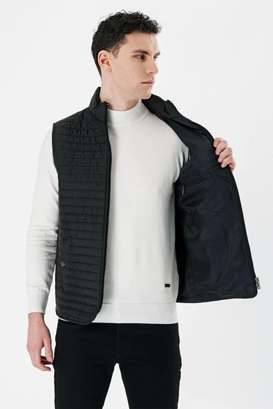 Siyah Dik Yaka Kapitone Klasik Slim Fit Yelek 1009235151 - 3