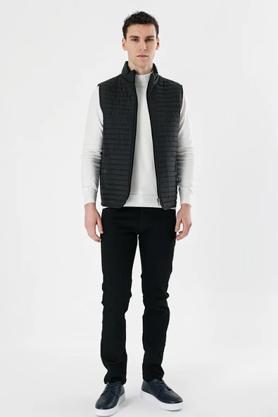 Siyah Dik Yaka Kapitone Klasik Slim Fit Yelek 1009235151 - 4