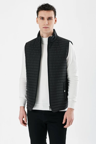 Siyah Dik Yaka Kapitone Klasik Slim Fit Yelek 1009235151 - 2