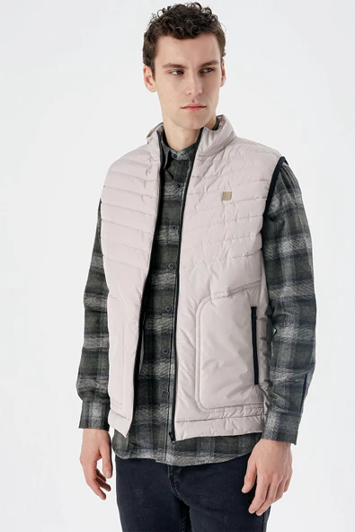 Taş Rengi Dik Yaka Dolumlu Casual Şişme Yelek 1009235152 - 2