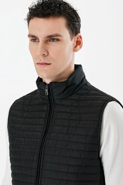 Siyah Dik Yaka Kapitone Klasik Slim Fit Yelek 1009235151 - 5