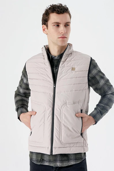 Taş Rengi Dik Yaka Dolumlu Casual Şişme Yelek 1009235152 - 4