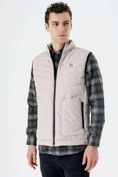 Taş Rengi Dik Yaka Dolumlu Casual Şişme Yelek 1009235152 - 3