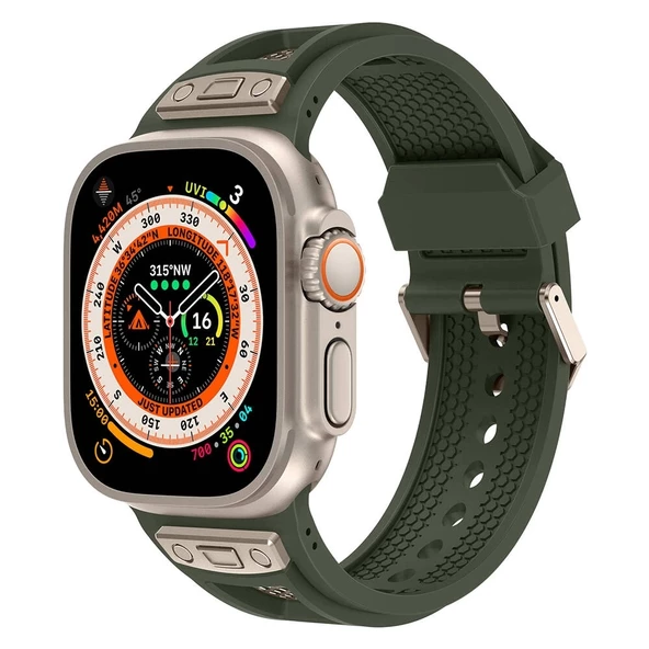 Apple Watch 42mm KRD-117 Hava Alabilen Delikli Metal Süslemeli Desenli Silikon Kordon