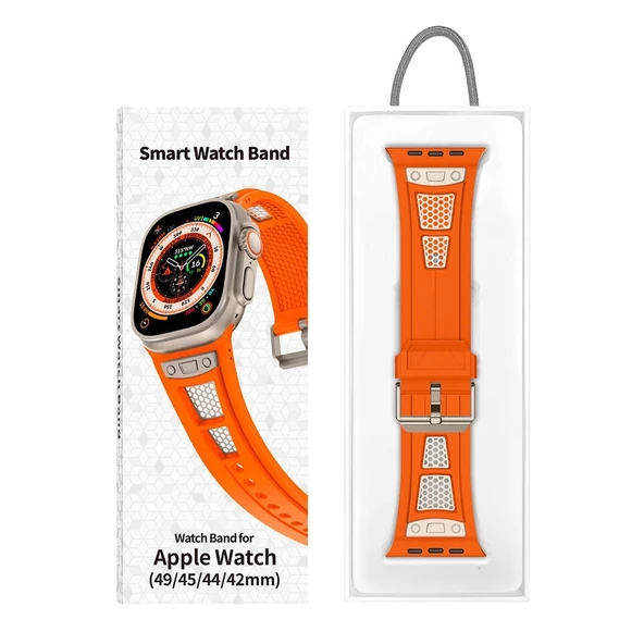 Apple Watch 42mm KRD-117 Hava Alabilen Delikli Metal Süslemeli Desenli Silikon Kordon - 7