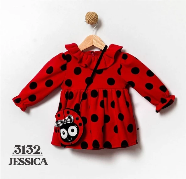 CUMİNO 6-24 Ay Uğur Böcek Detaylı Çantalı Kız Bebek Elbise - 3