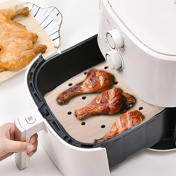 BUFFER® 250 Adet Air Fryer Pişirme Kağıdı Tek Kullanımlık Hava Fritöz Yağ Geçirmez Yapışmaz Gıda Pişirme Kağıdı Delikli Kare Model - 7
