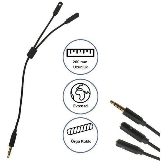 BUFFER® 1 Erkek 2 Dişi 35 mm Kulaklık ve Mikrofon Ayırıcı Çoklayıcı  Aux Kablo - 5