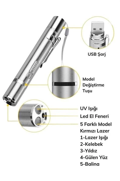 BUFFER® Usb İle Şarj Edilebilen 3In 1 Kırmızı Işık +Beyaz Led Meşale Işık + Uv El Feneri Kedi Lazeri - 9