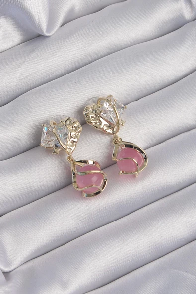 MuI MuI Pirinç Gold Renk Zirkon Taşlı Pembe Küre Tasarımlı Küpe ürün görseli