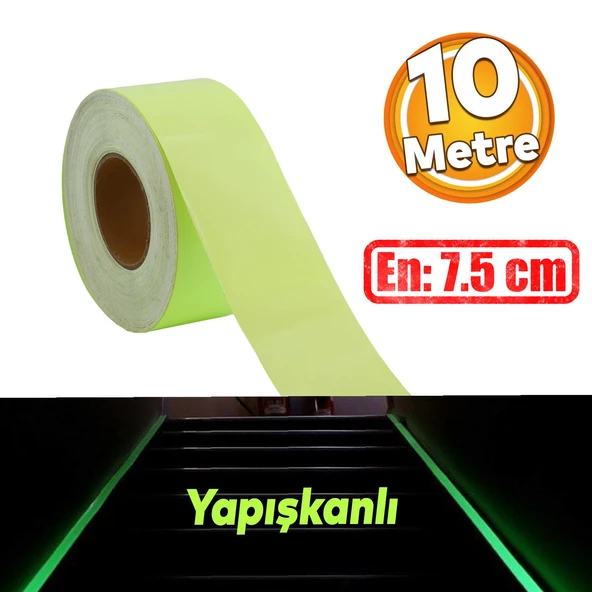 Fotolümen Gece Parlayan 7.5 cm Yeşil Reflektörlü Fosforlu Reflektif Düz Şerit Bant 10 Mt İkaz Bandı