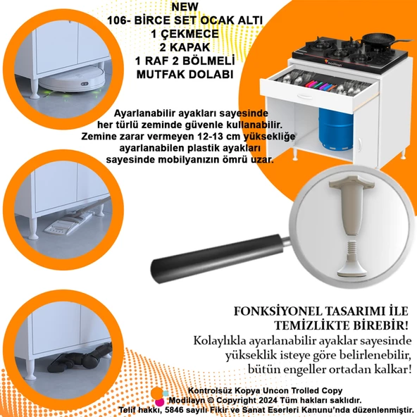 Modilayn BİRCE XL-70 x 87 x 48 cm Kapaklı Set Ocak Altı Çok Amaçlı Mutfak & Banyo Dolabı - 6