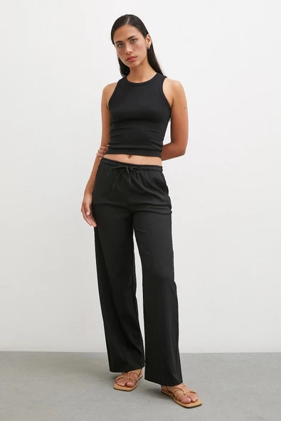 Bol Paça Lastikli Pantolon Siyah - Resim 2