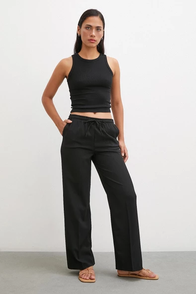 Bol Paça Lastikli Pantolon Siyah - Resim 4