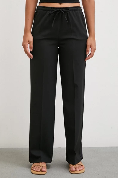 Bol Paça Lastikli Pantolon Siyah - Resim 5