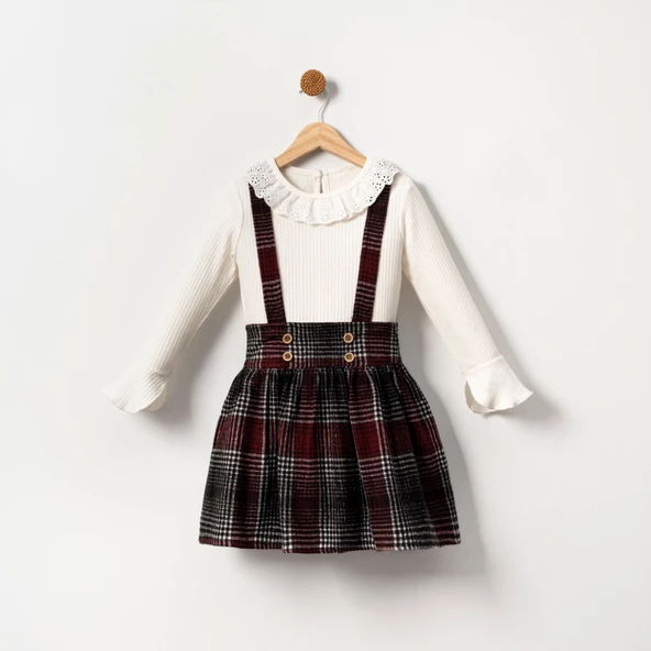 Ekose Desen Kız Çocuk Salopet Etekli Badili Takım MNK2148 - 2