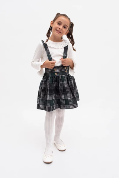 Ekose Desen Kız Çocuk Salopet Etekli Badili Takım MNK2148 - 4