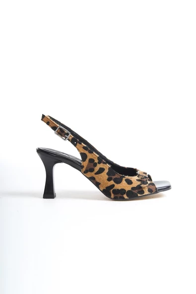 Seashell Leopar Arkası Açık Topuklu Sandalet Tokalı Kadın Ayakkabı - Resim 4