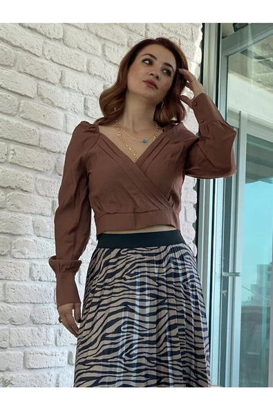 Kadın Kahverengi Crop,bluz - 2