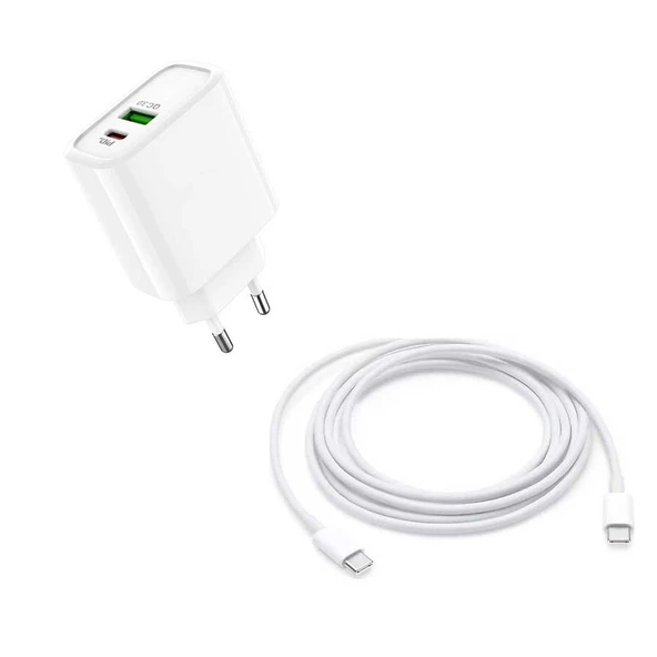 pilelistore 20 Watt 1x USB-A 1x USB-C 1 Mt Type-C to Type-C Kablo Hızlı Şarj Özellikli Adaptör + Kablo AC96