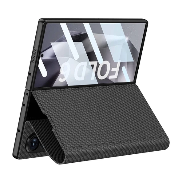 Galaxy Z Fold 6 Kılıf Karbon Fiber Tasarımlı Magnetik Tokalı Kartlıklı Redclick Kıpta Zega Kapak - Resim 2