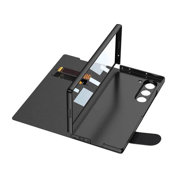 Galaxy Z Fold 6 Kılıf Karbon Fiber Tasarımlı Magnetik Tokalı Kartlıklı Redclick Kıpta Zega Kapak - Resim 3