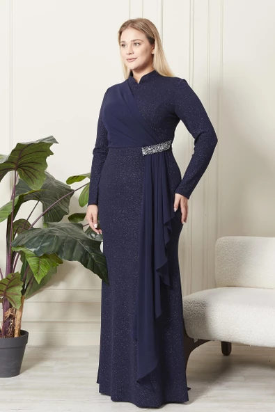 Ferace Kadın Büyük Beden Simli Taş Detaylı Abiye - 6